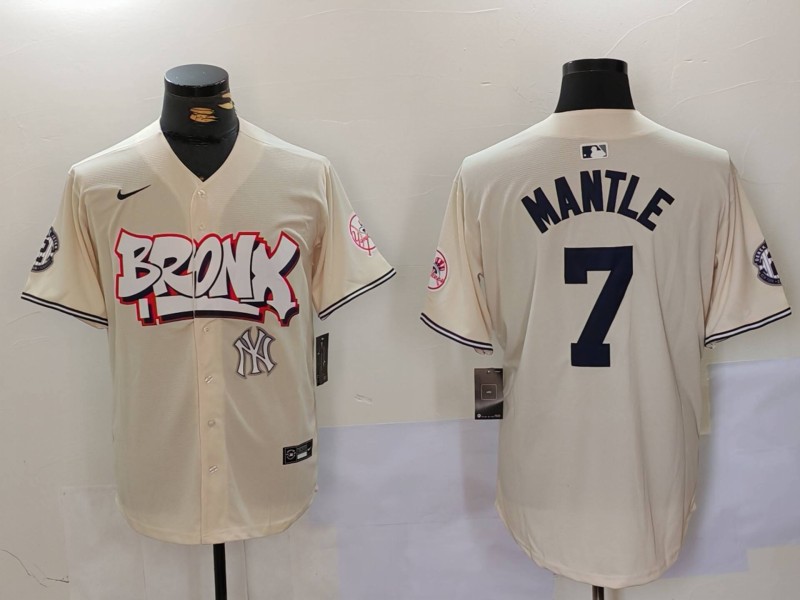 Men New York Yankees #7 Mantle Cream joint name 2024 Nike MLB Jersey style 4